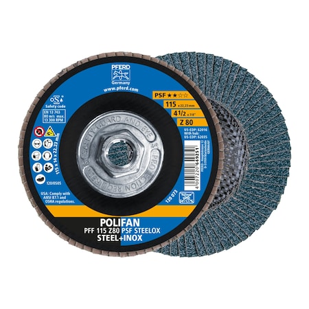 Pferd Tools 4-1/2" x 5/8-11 Thd. POLIFAN Flap Disc - Z PSF STEELOX, Zirconia, 80 Grit, Flat 62035